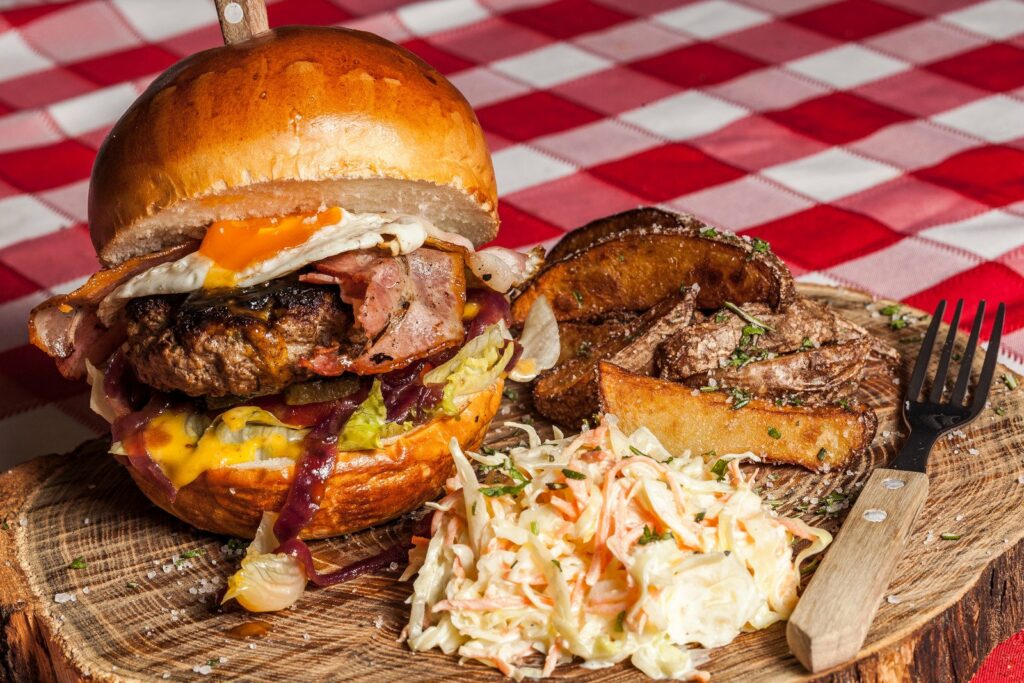 hamburger with coleslaw on picnic blanket - burger theory Idaho falls